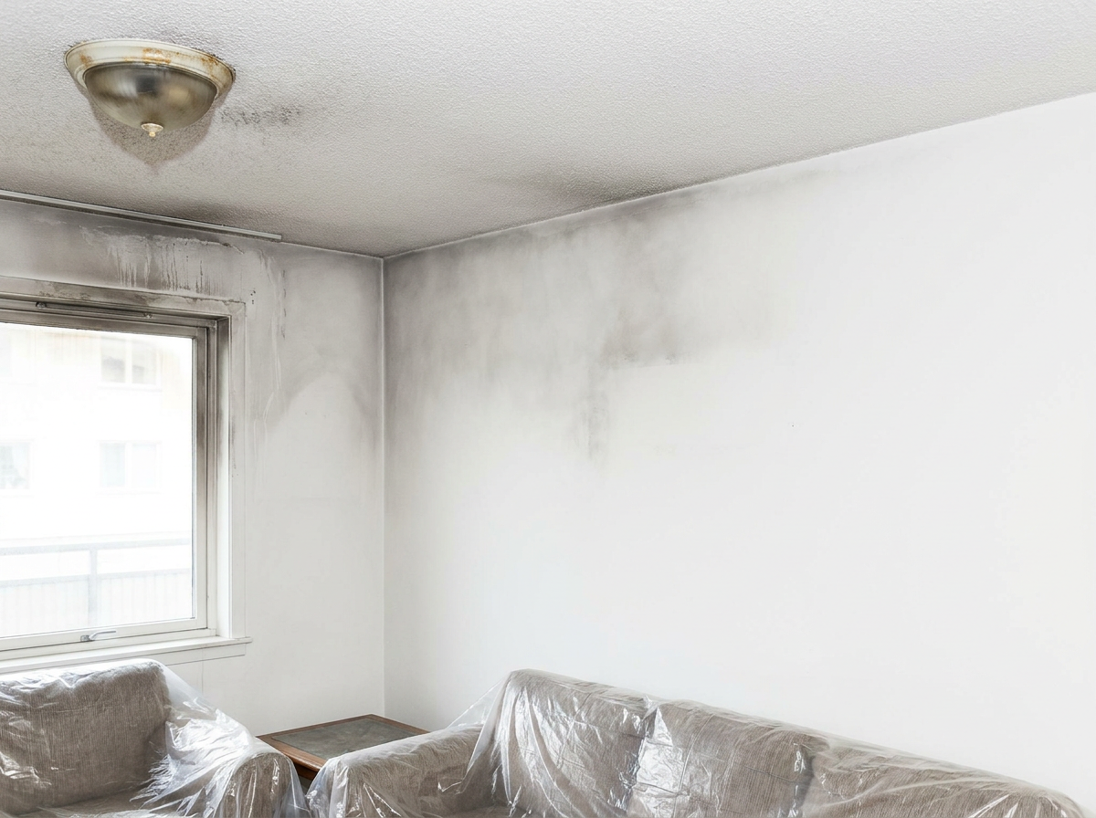 Fire and smoke-damaged room before restoration